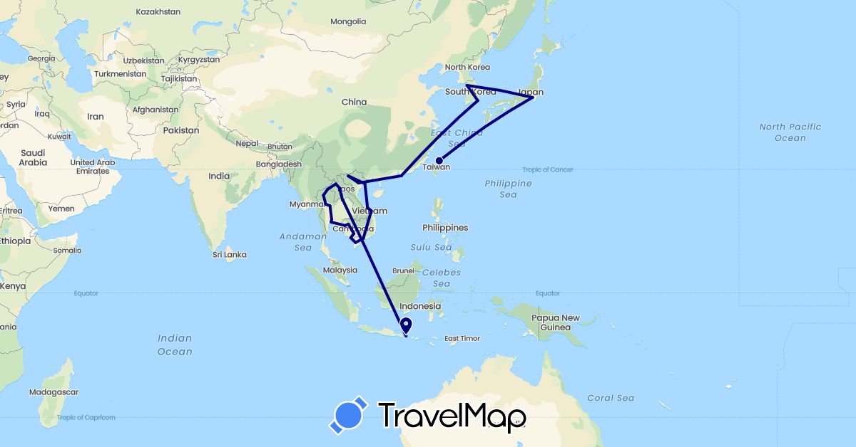 TravelMap itinerary: driving in China, Indonesia, Japan, Cambodia, South Korea, Laos, Thailand, Taiwan, Vietnam (Asia)
